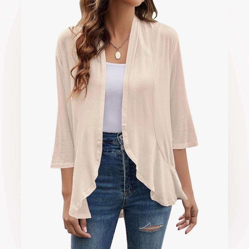 NWT Yekaty Beige Open Front Cardigan Draped Ruffles 3/4 Sleeve Women 3XL